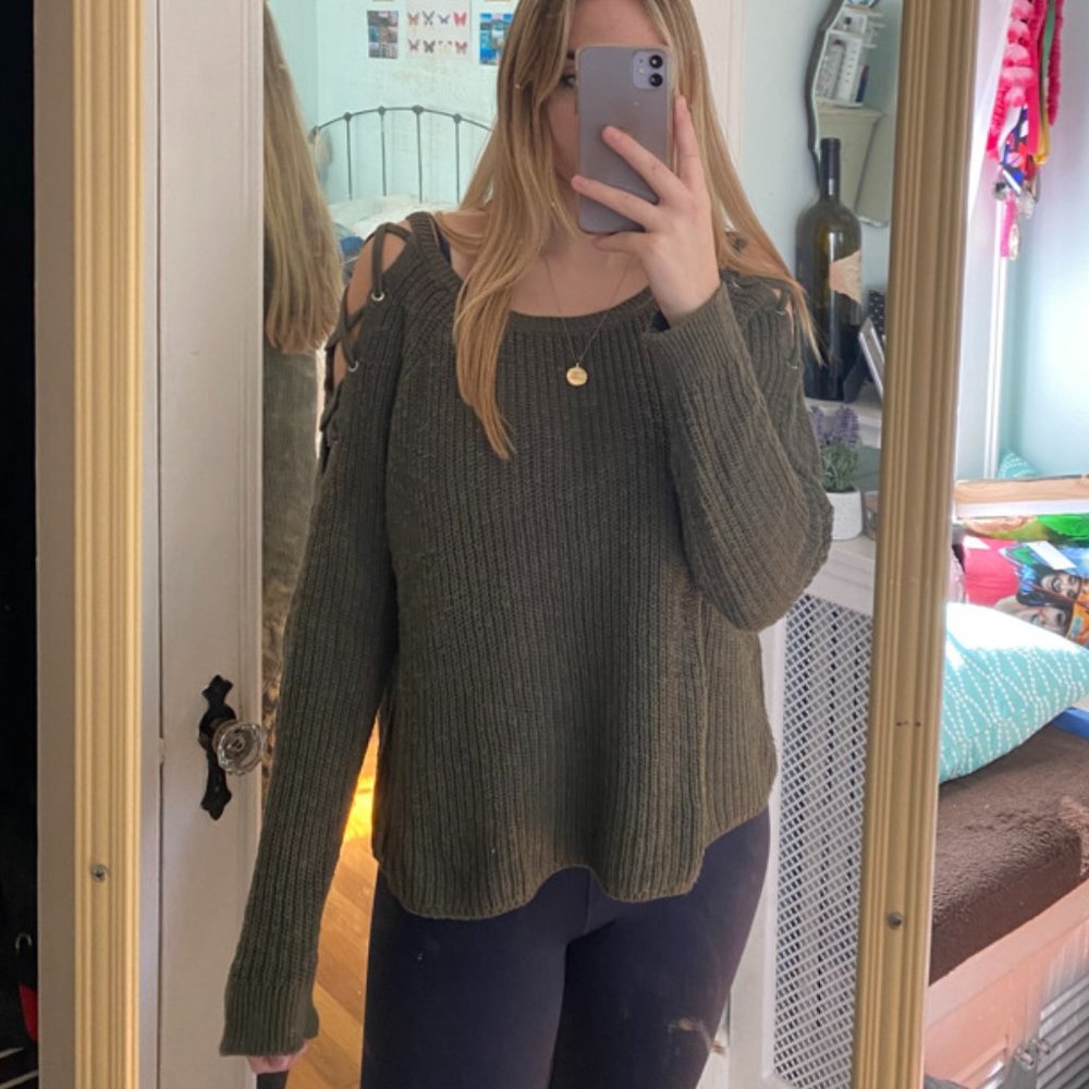 Express Olive Green Open Shoulder Sweater
